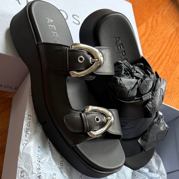 AEROSOLES Black Double Buckle Sandals - Picture 3 of 11